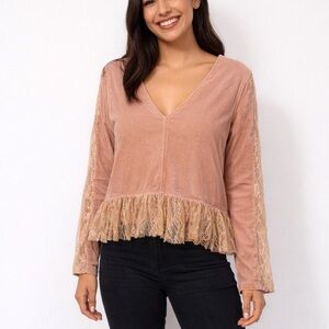 Ela Blush Rose Gold Velvet Floral Lace Back Detail Flirty Feminine Long Sleeve S